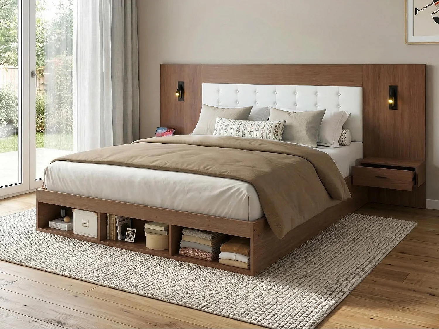 Doppelbett 180x200cm - mit 2 Nachttischen - USB- und Type-C-Anschlüssen - mit Leselampe - Braun​ (Matratze nicht inbegriffen)