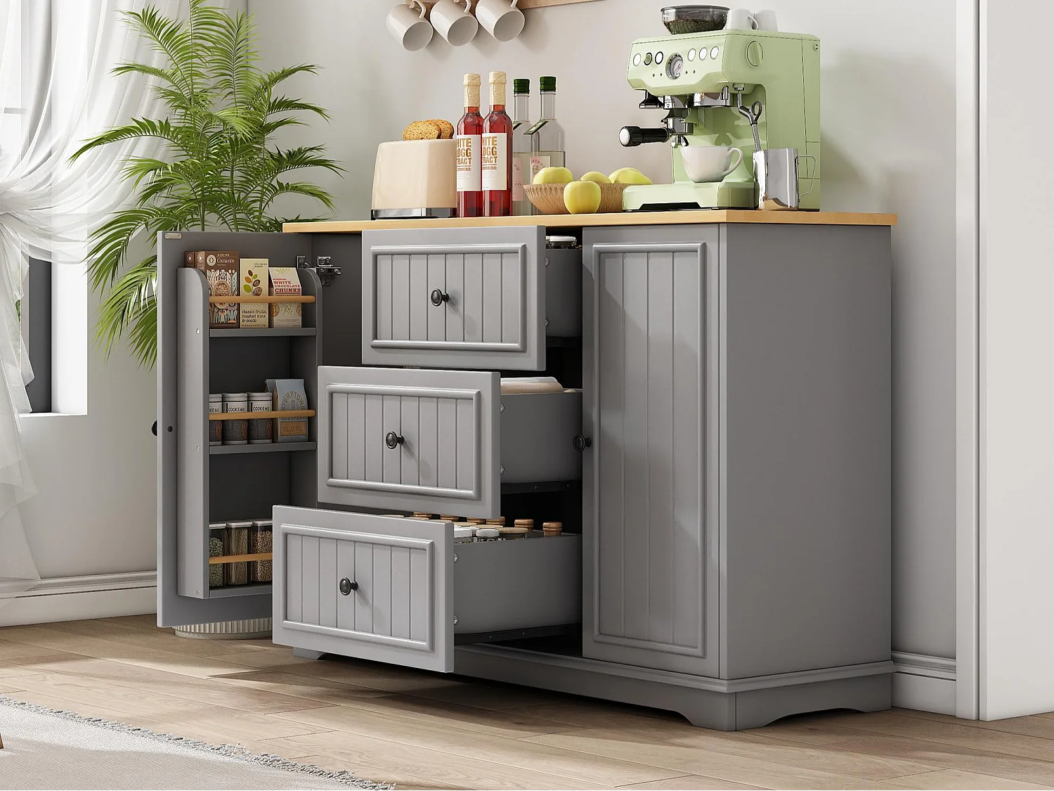 Buffet moderne 126x40x86cm - avec tiroirs et étagère à épices - avec 2 portes - Naturel + Gris