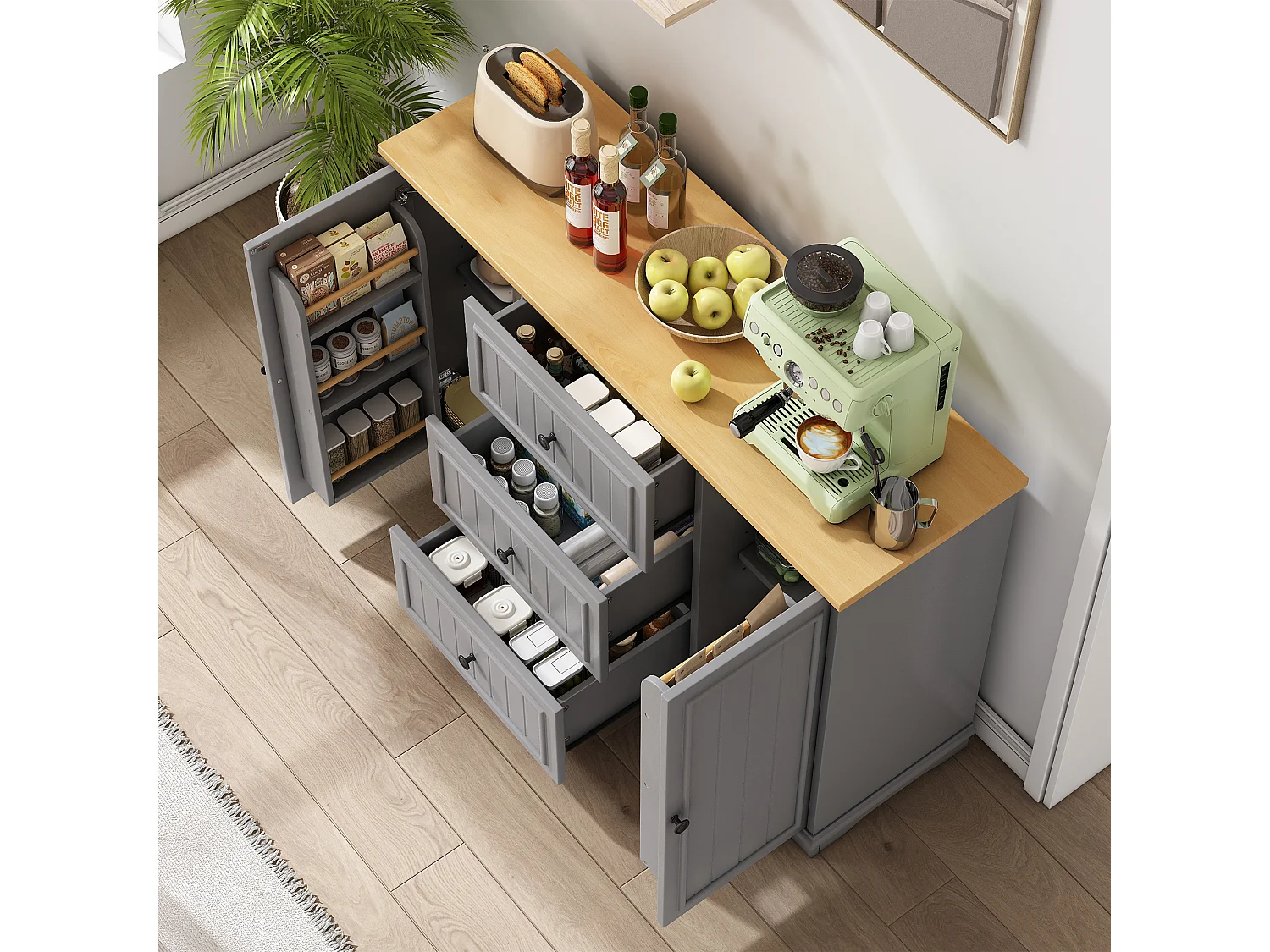 Buffet moderne 126x40x86cm - avec tiroirs et étagère à épices - avec 2 portes - Naturel + Gris