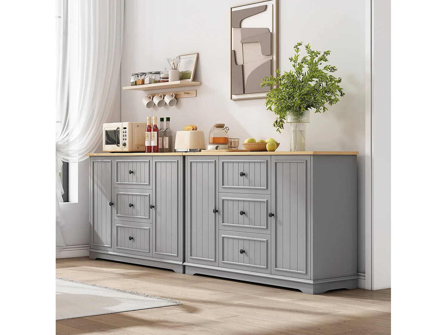 Buffet moderne 126x40x86cm - avec tiroirs et étagère à épices - avec 2 portes - Naturel + Gris