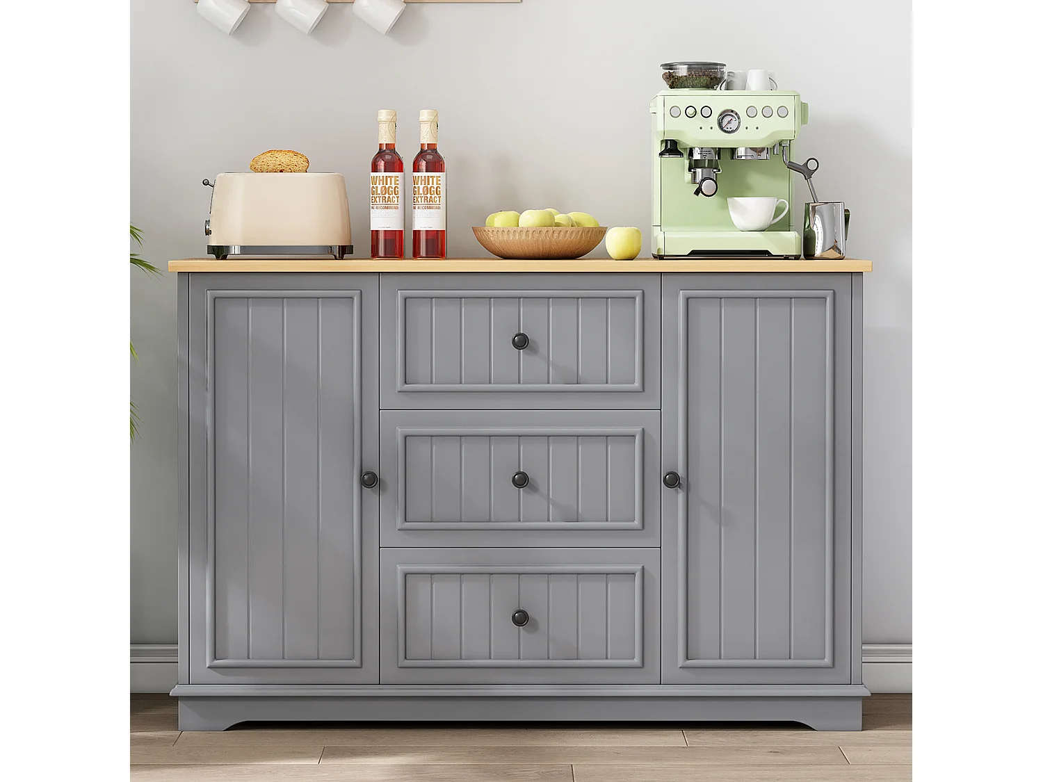 Buffet moderne 126x40x86cm - avec tiroirs et étagère à épices - avec 2 portes - Naturel + Gris