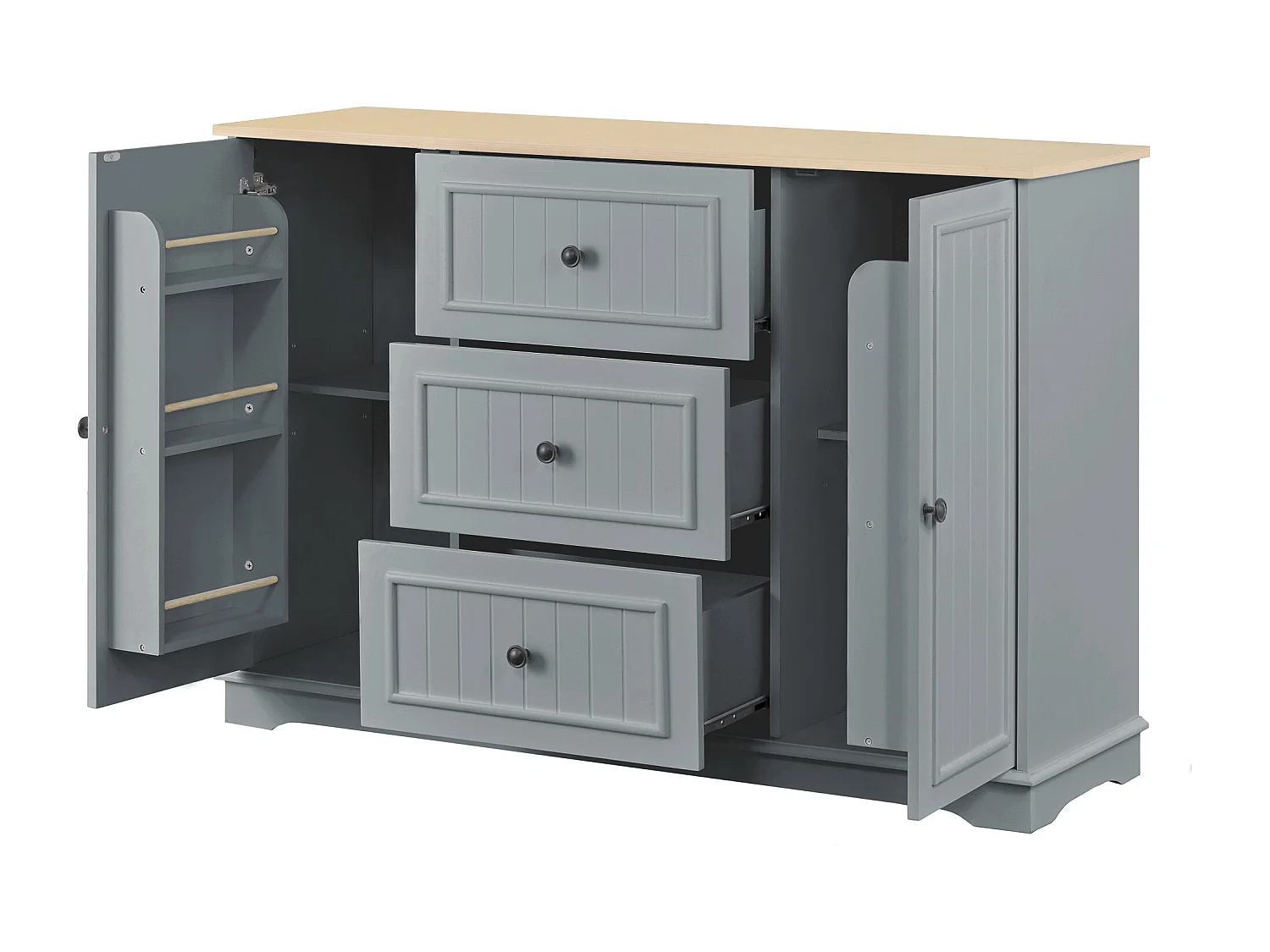 Buffet moderne 126x40x86cm - avec tiroirs et étagère à épices - avec 2 portes - Naturel + Gris