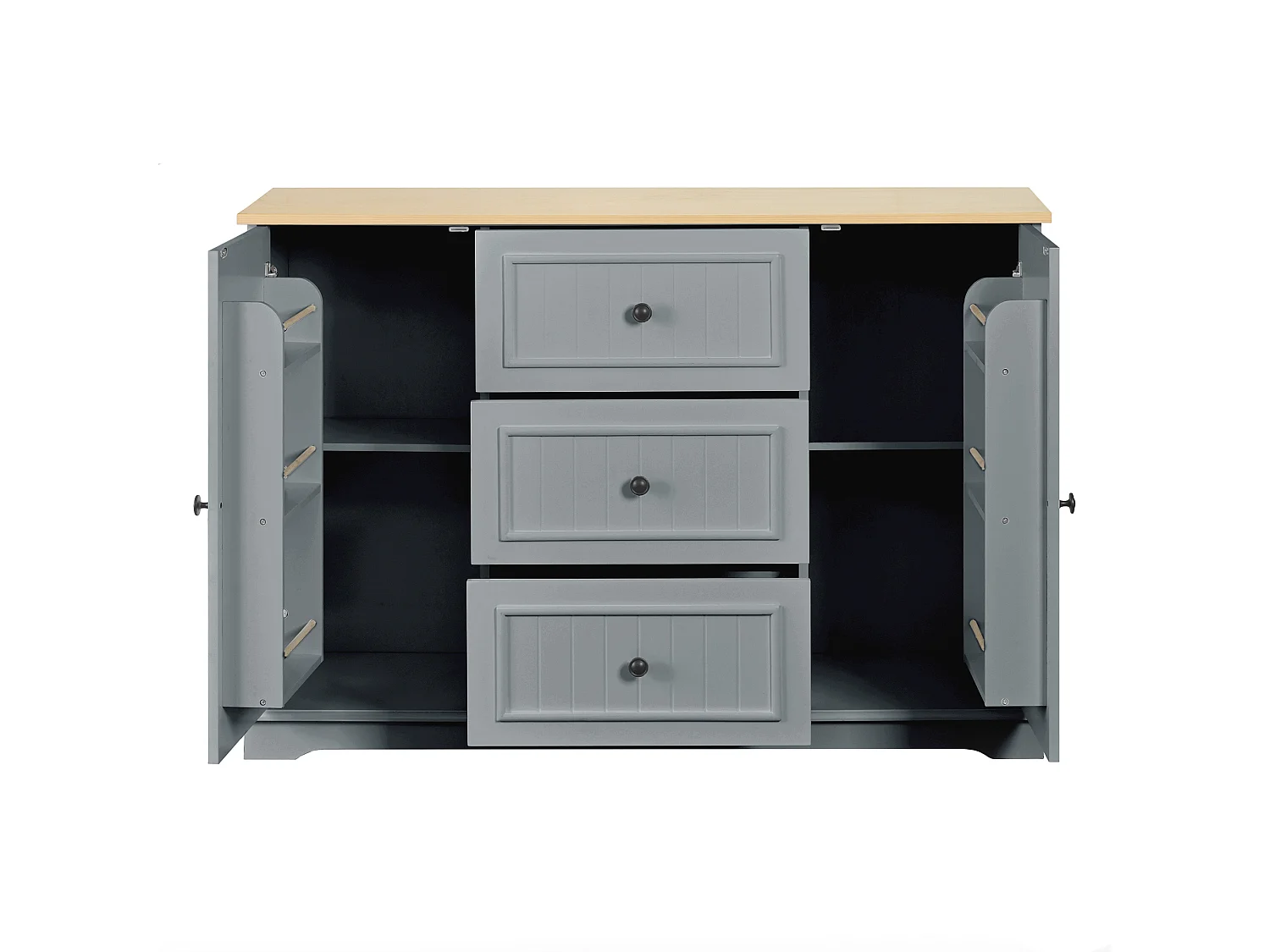 Buffet moderne 126x40x86cm - avec tiroirs et étagère à épices - avec 2 portes - Naturel + Gris