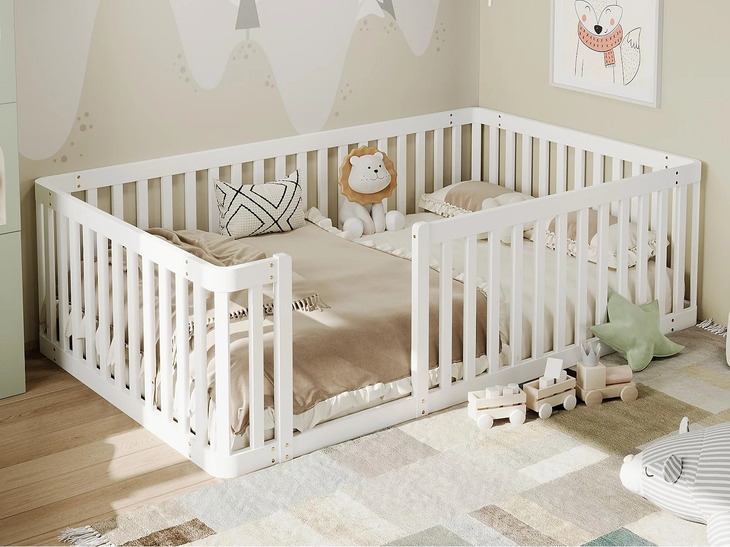 Lit enfant en bois 90x200 cm - avec barrière semi-fermée - Pin - Blanc (Sommier et matelas non inclus)