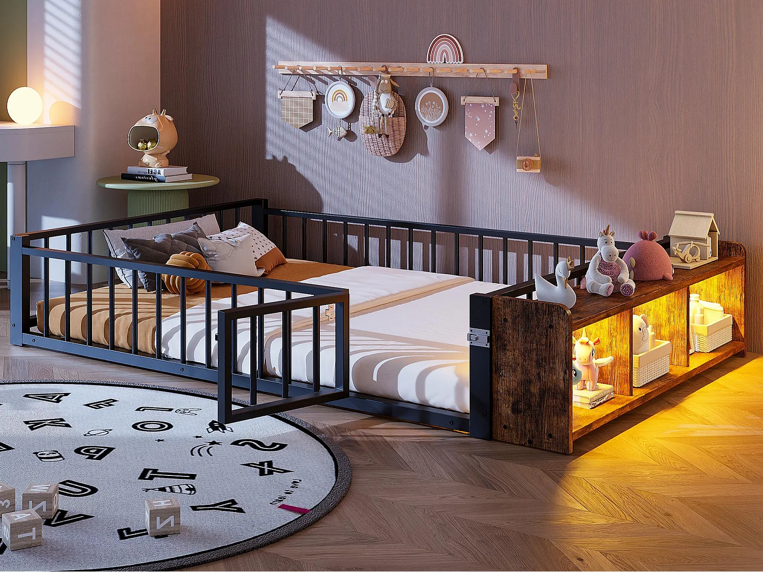 Lit enfant 140 x 200 cm - Cadre en métal - Avec barrières de sécurité - Noir (matelas non inclus)