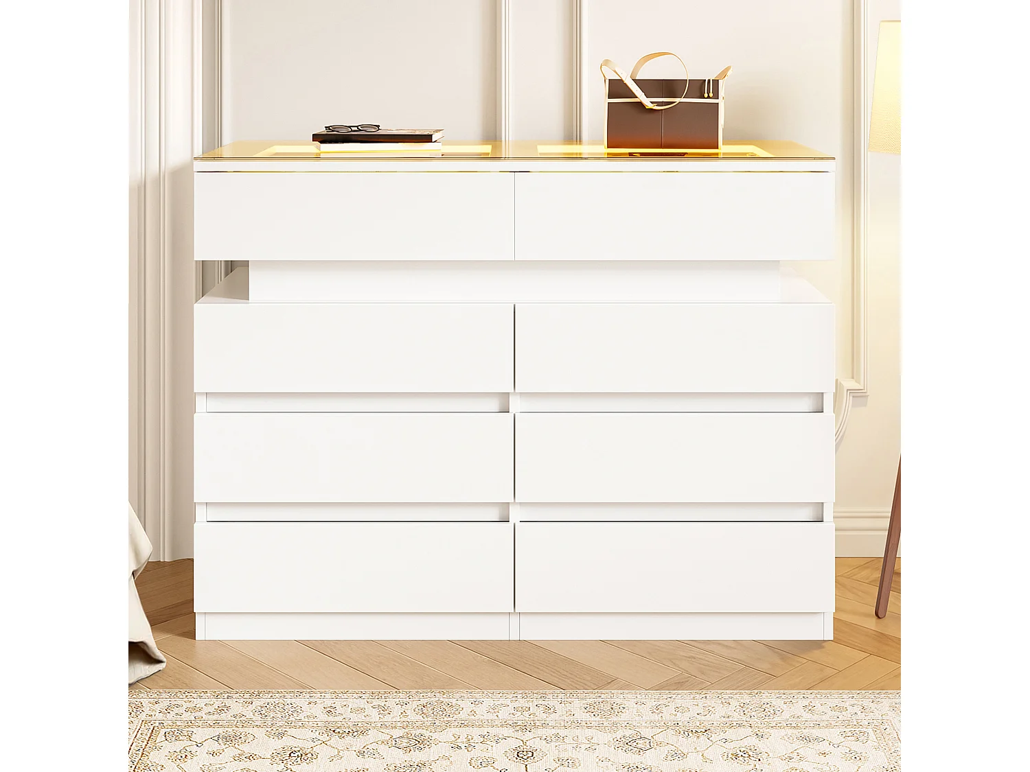 Commode moderne 100x45x76cm - avec 8 tiroirs - avec éclairage LED - comptoir en verre - panneau de particules - Blanc