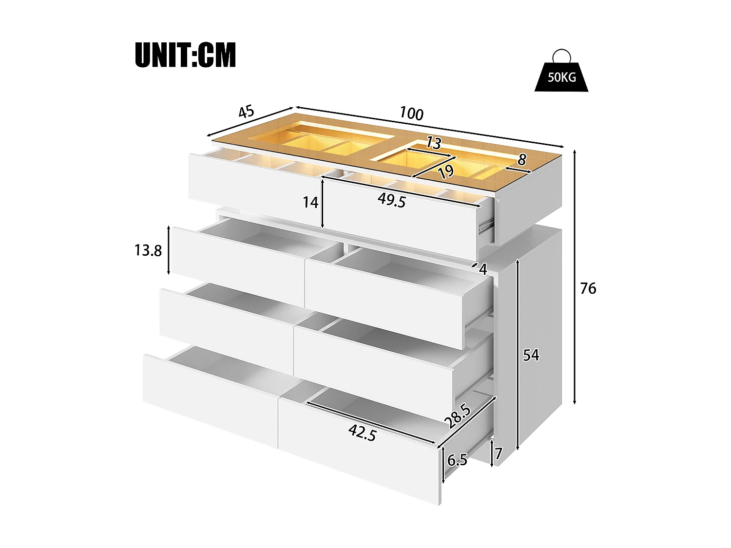 Commode moderne 100x45x76cm - avec 8 tiroirs - avec éclairage LED - comptoir en verre - panneau de particules - Blanc