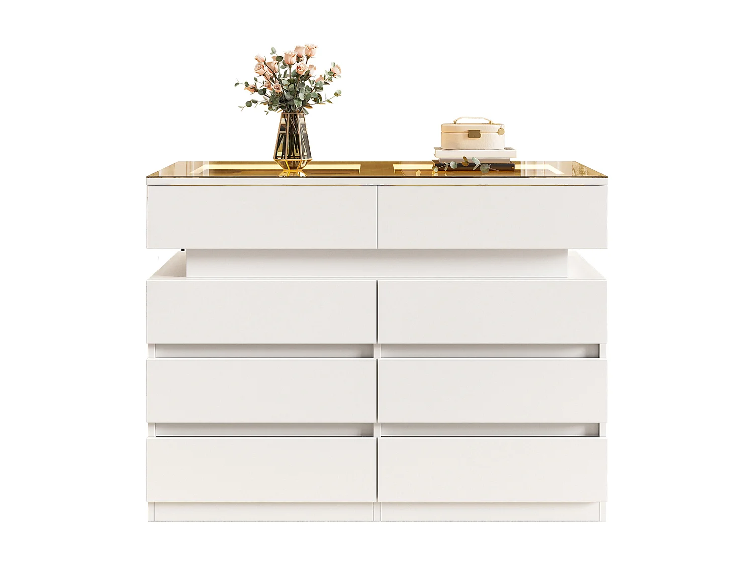 Commode moderne 100x45x76cm - avec 8 tiroirs - avec éclairage LED - comptoir en verre - panneau de particules - Blanc