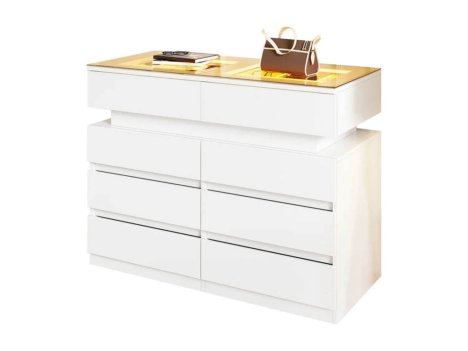 Commode moderne 100x45x76cm - avec 8 tiroirs - avec éclairage LED - comptoir en verre - panneau de particules - Blanc