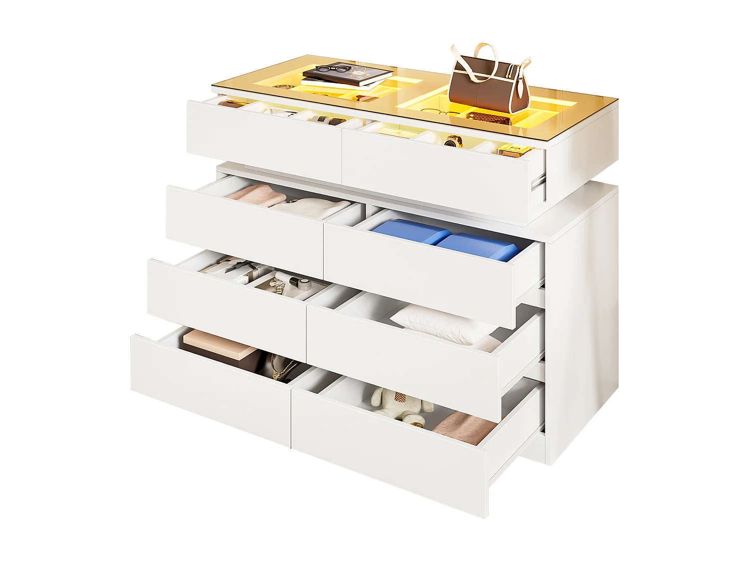 Commode moderne 100x45x76cm - avec 8 tiroirs - avec éclairage LED - comptoir en verre - panneau de particules - Blanc