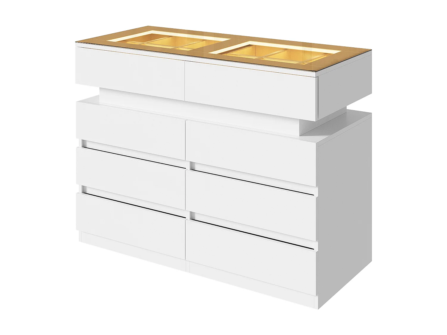 Commode moderne 100x45x76cm - avec 8 tiroirs - avec éclairage LED - comptoir en verre - panneau de particules - Blanc
