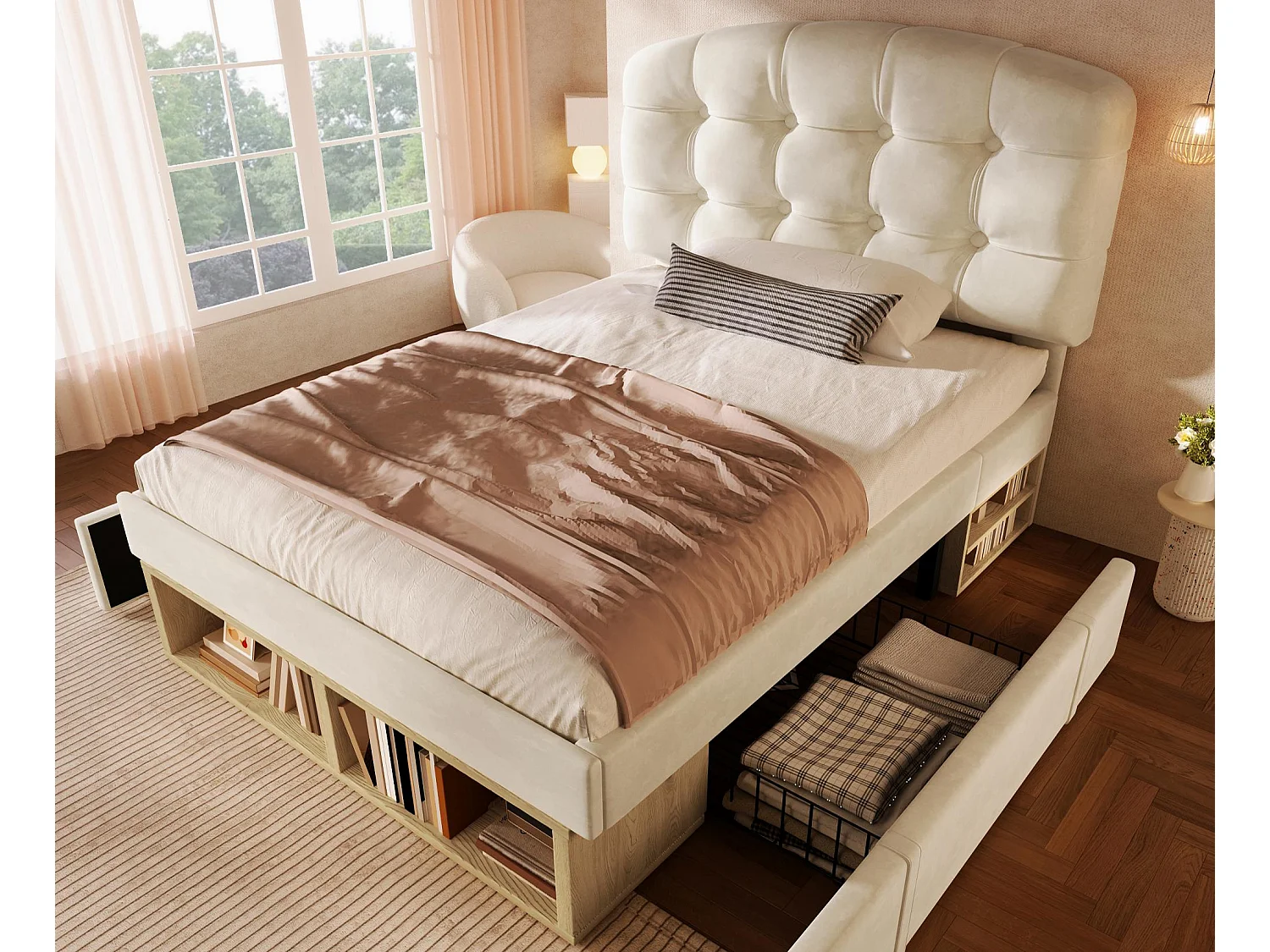 Gepolstertes Einzelbett 90x200cm - verstellbares Kopfteil - mit Schubladen und Stauraum - Samt - Beige​ (ohne Matratze)