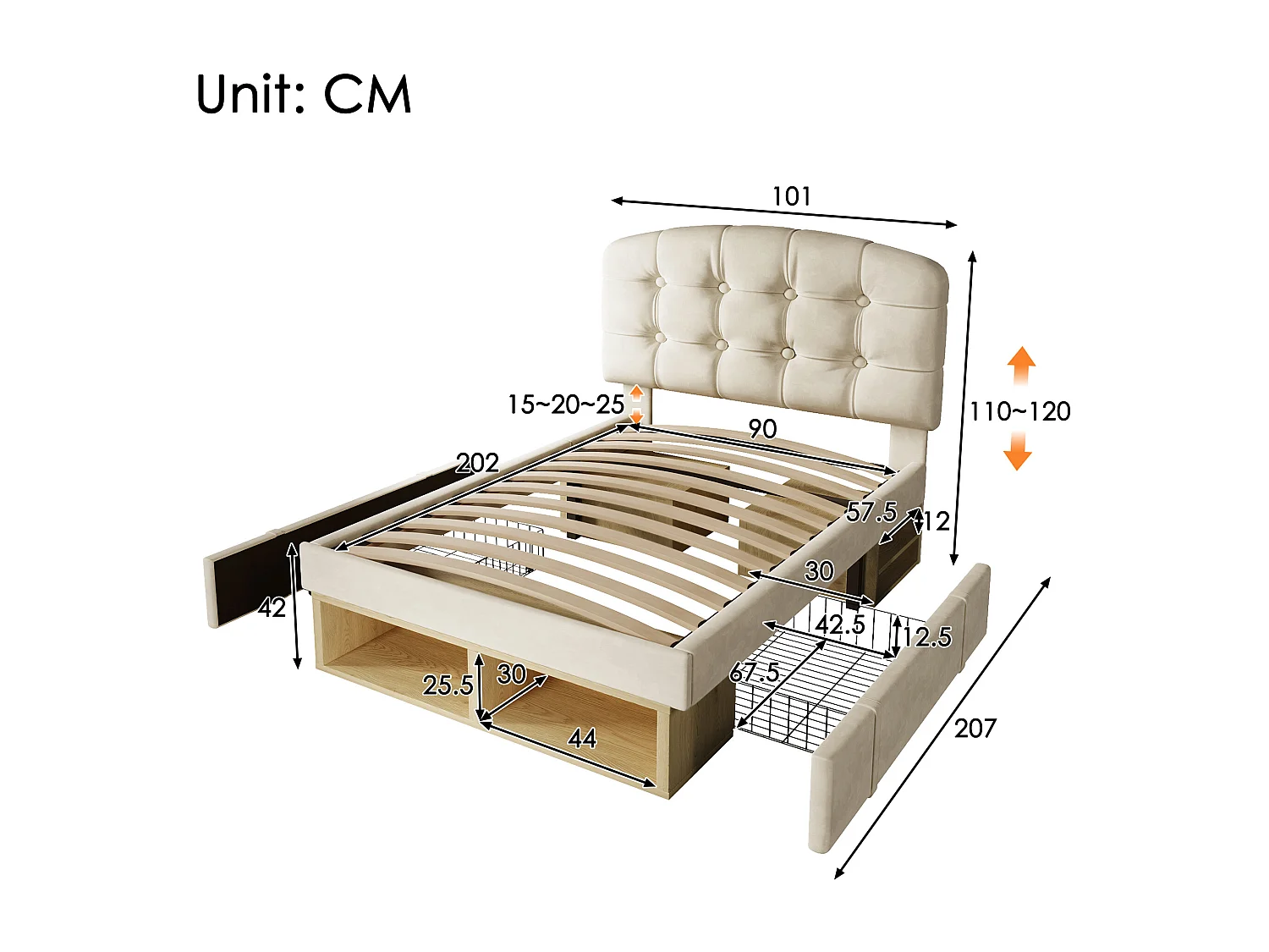 Gepolstertes Einzelbett 90x200cm - verstellbares Kopfteil - mit Schubladen und Stauraum - Samt - Beige​ (ohne Matratze)
