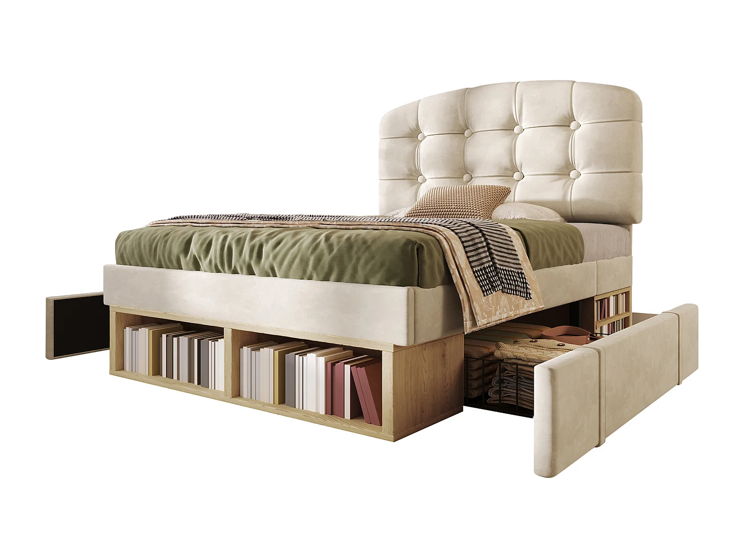 Gepolstertes Einzelbett 90x200cm - verstellbares Kopfteil - mit Schubladen und Stauraum - Samt - Beige​ (ohne Matratze)