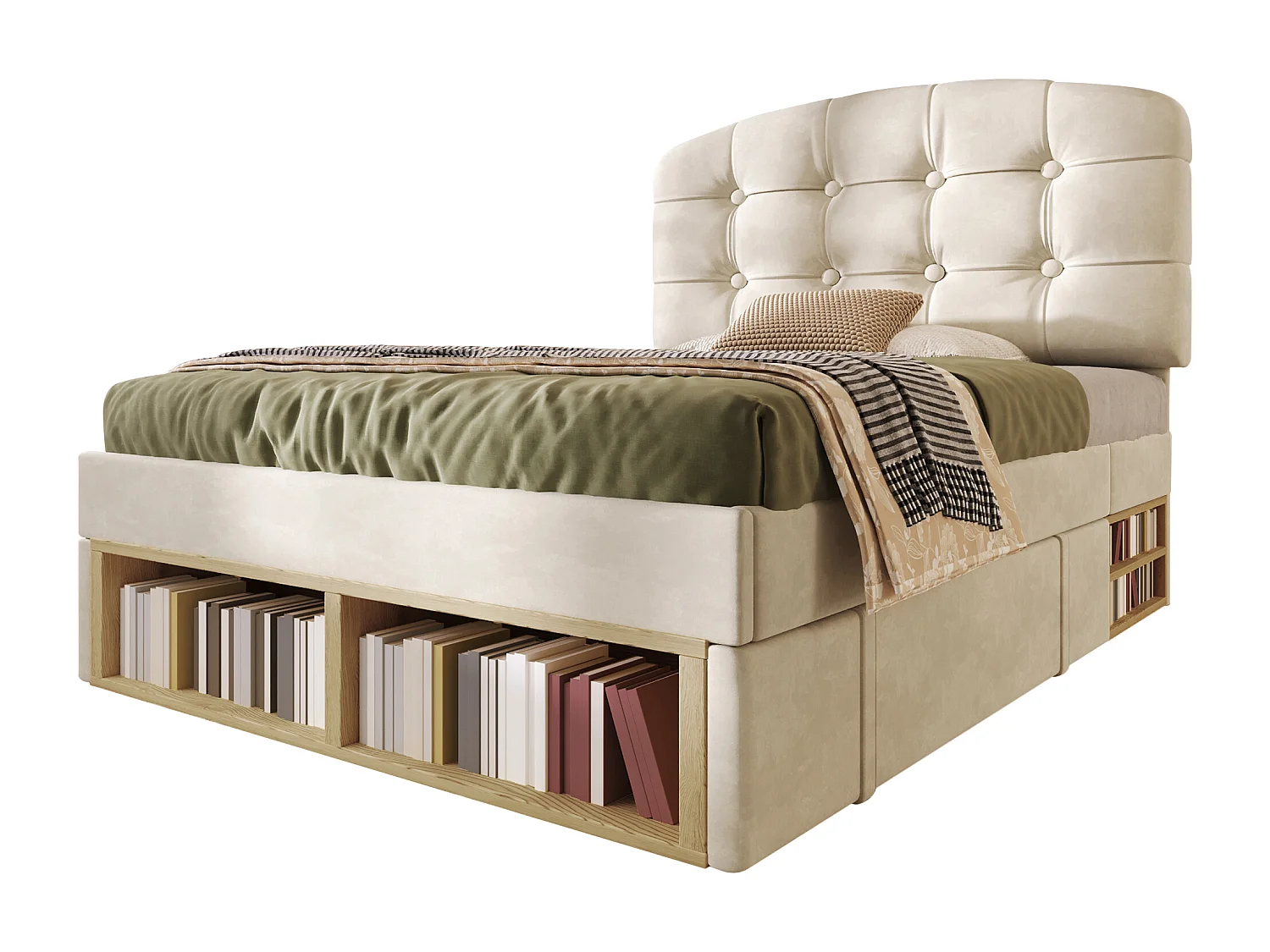 Gepolstertes Einzelbett 90x200cm - verstellbares Kopfteil - mit Schubladen und Stauraum - Samt - Beige​ (ohne Matratze)