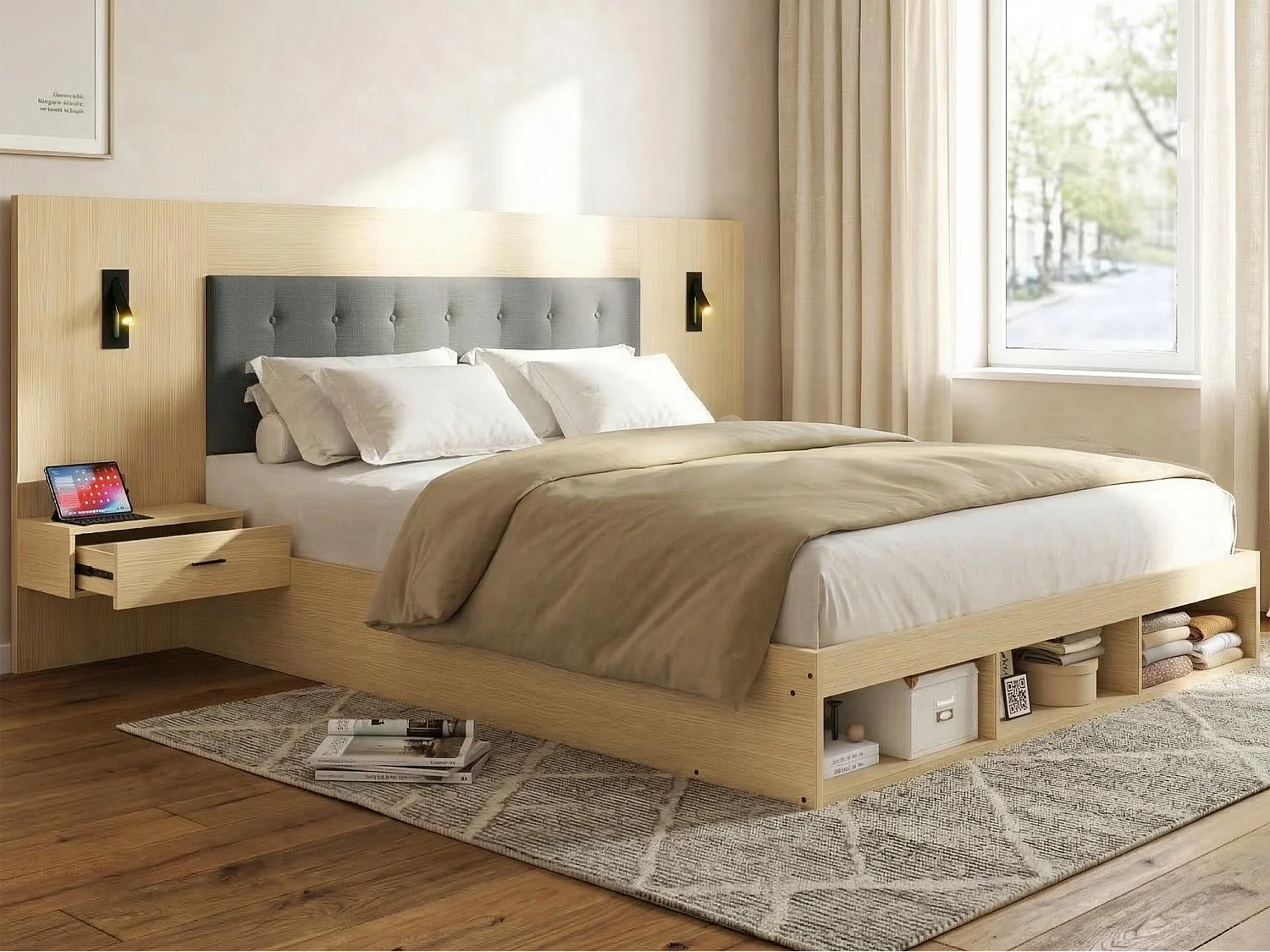 Doppelbett 180x200cm - mit 2 Nachttischen - USB- und Type-C-Anschlüssen - mit Leselampe - Helleiche​ (Matratze nicht inbegriffen)