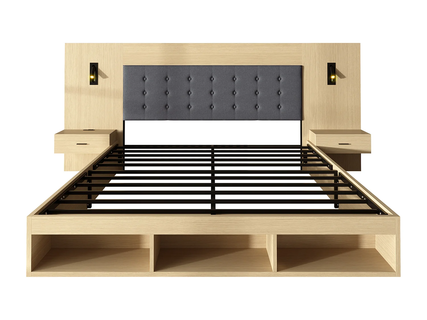 Doppelbett 180x200cm - mit 2 Nachttischen - USB- und Type-C-Anschlüssen - mit Leselampe - Helleiche​ (Matratze nicht inbegriffen)