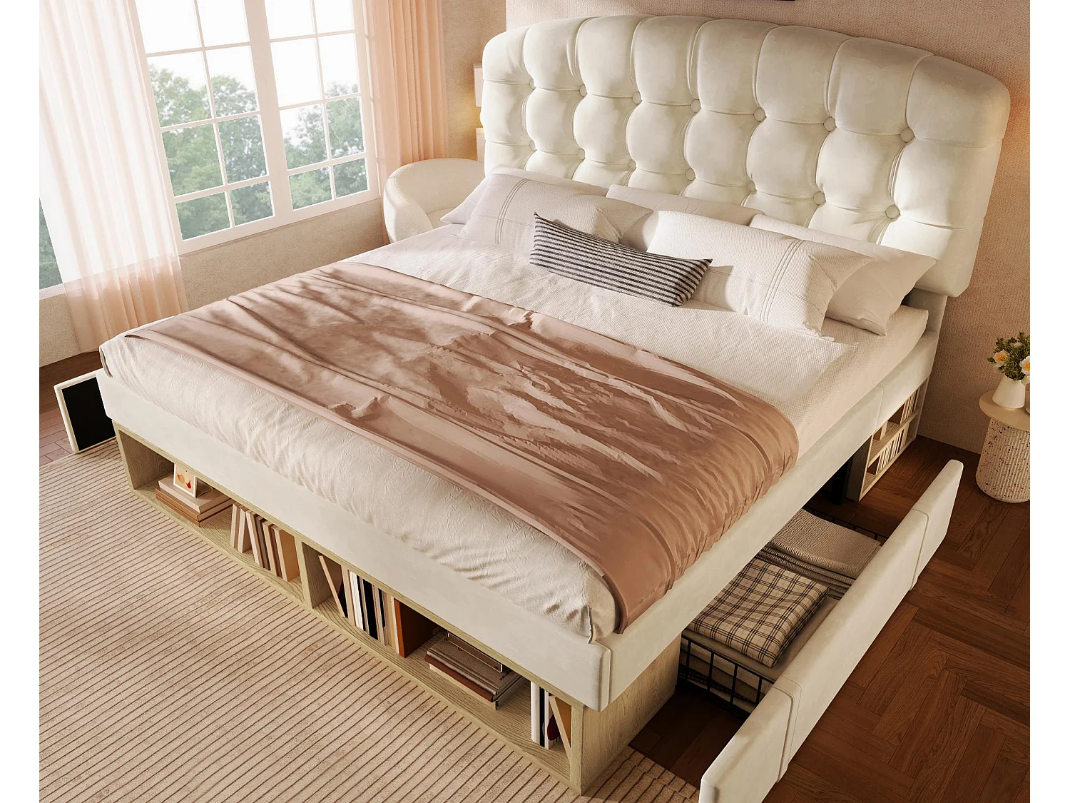 Gepolstertes Einzelbett 140x200cm - verstellbares Kopfteil - mit Schubladen und Stauraum - Samt - Beige​ (ohne Matratze)