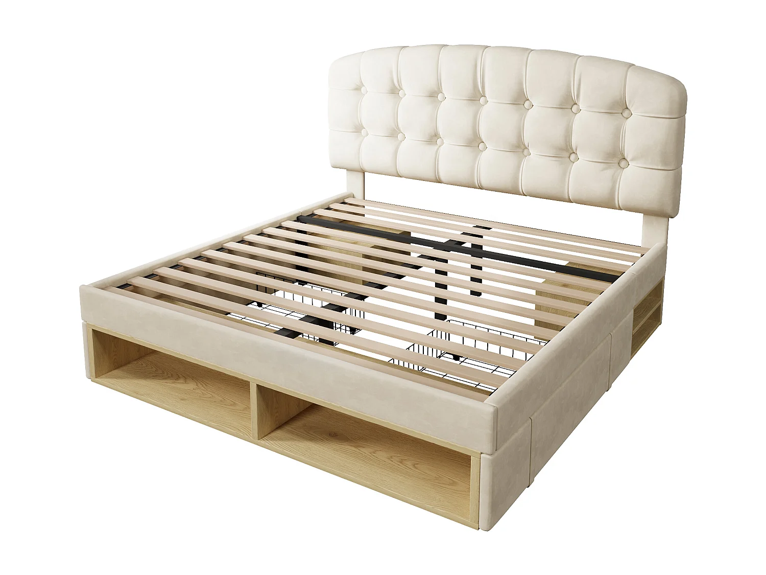 Gepolstertes Einzelbett 140x200cm - verstellbares Kopfteil - mit Schubladen und Stauraum - Samt - Beige​ (ohne Matratze)