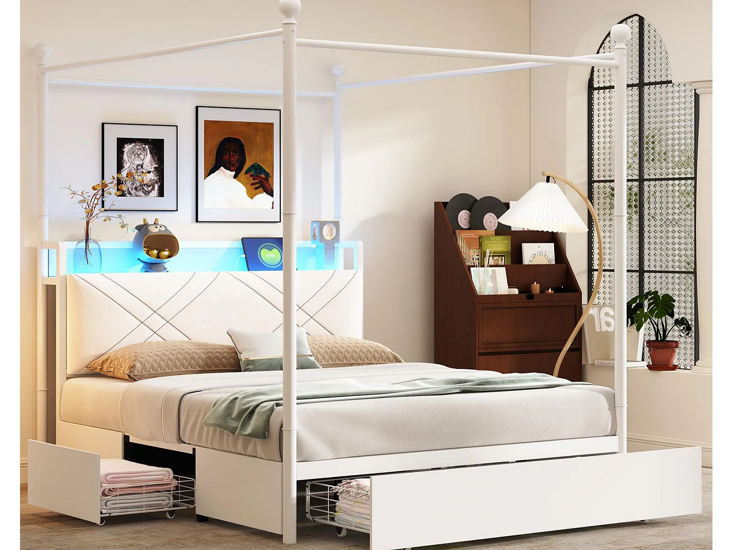 Lit double 140x190 cm - Éclairage LED + port de charge USB/Type-C - 3 tiroirs - Montants de lit amovibles - Blanc