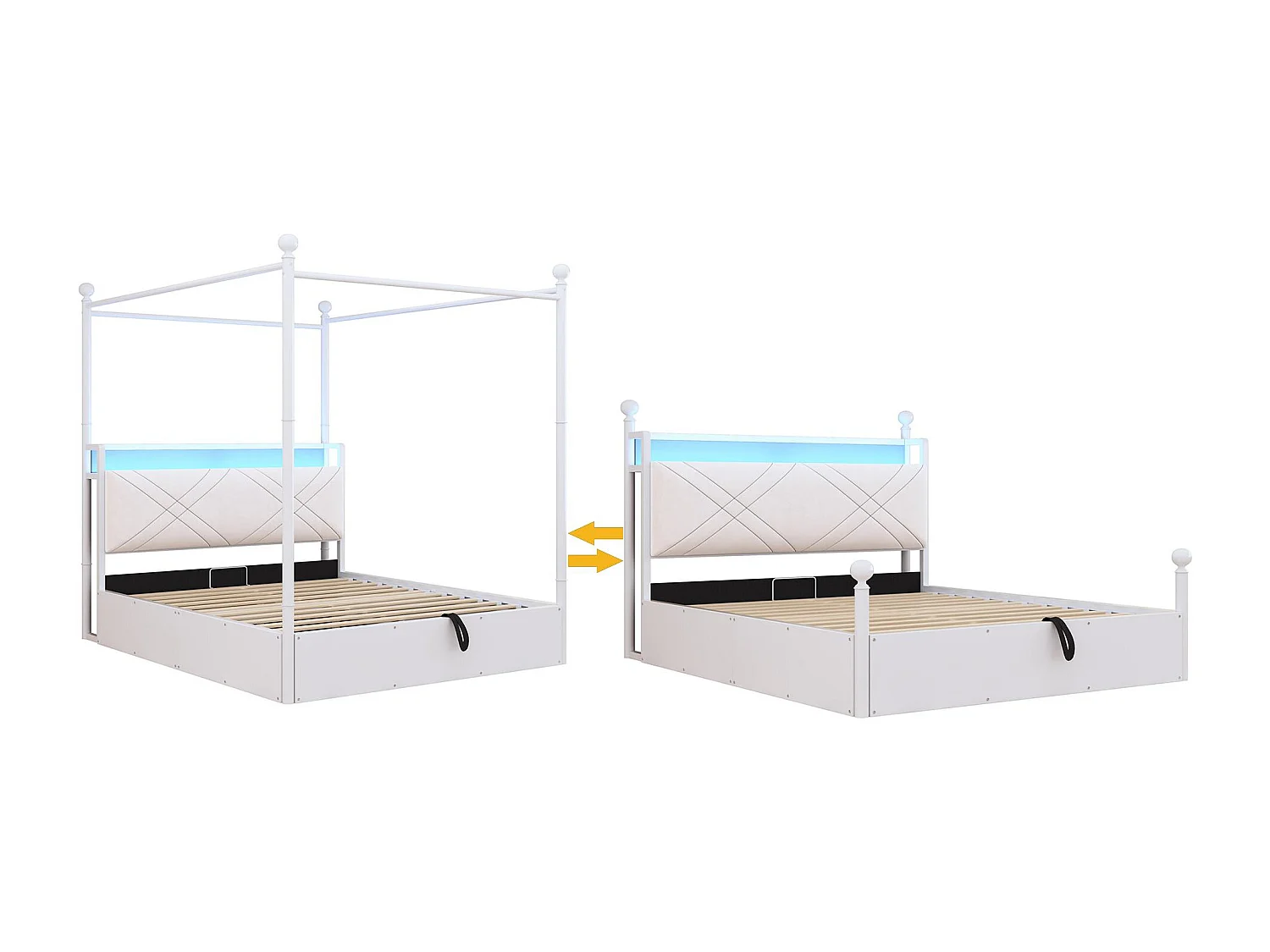 Lit double 140x190 cm - Éclairage LED + port de charge USB/Type-C - 3 tiroirs - Montants de lit amovibles - Blanc