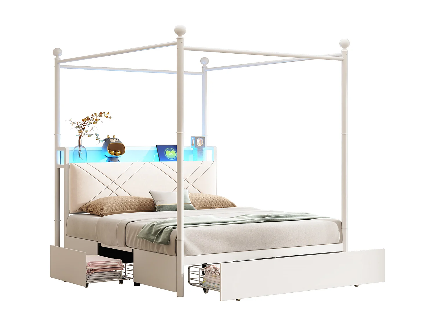 Lit double 140x190 cm - Éclairage LED + port de charge USB/Type-C - 3 tiroirs - Montants de lit amovibles - Blanc