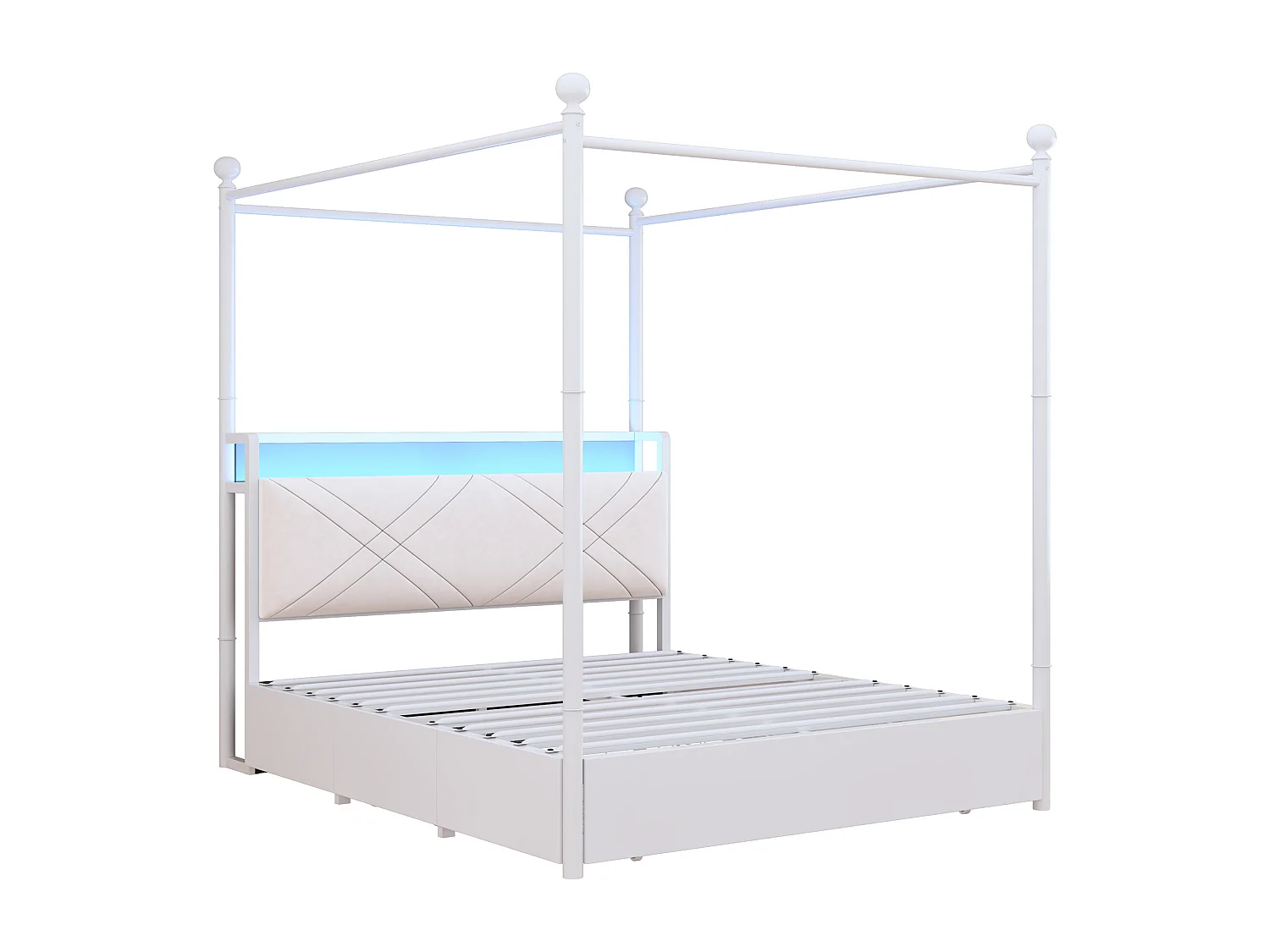 Lit double 140x190 cm - Éclairage LED + port de charge USB/Type-C - 3 tiroirs - Montants de lit amovibles - Blanc