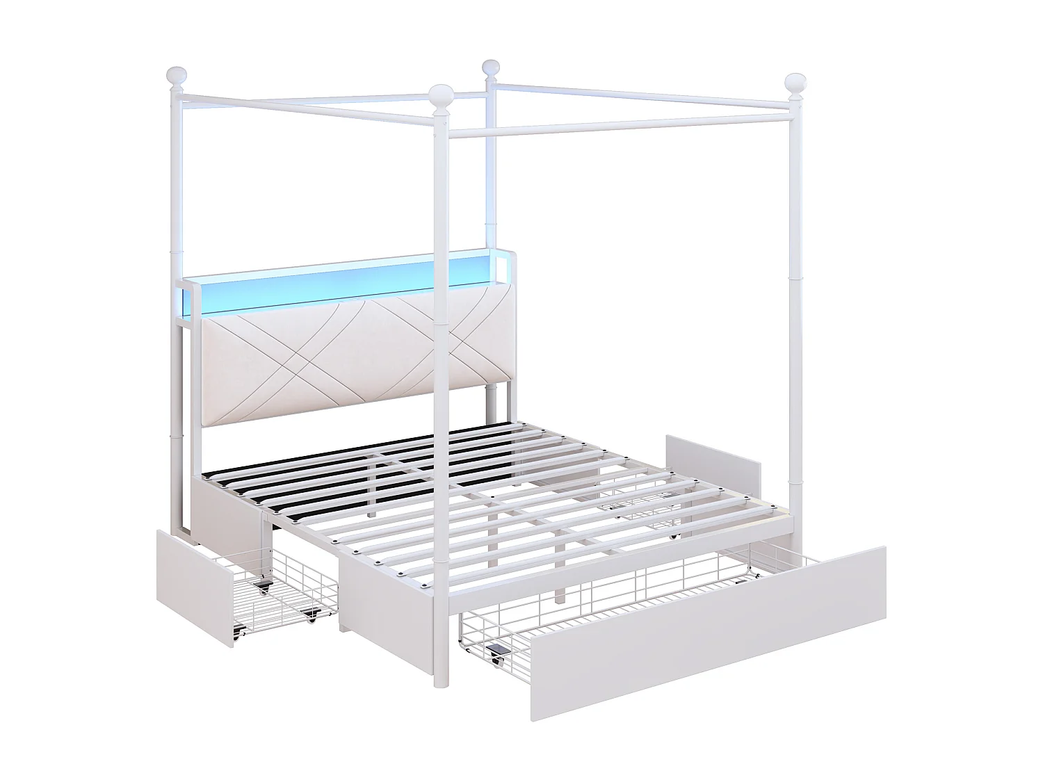 Lit double 140x190 cm - Éclairage LED + port de charge USB/Type-C - 3 tiroirs - Montants de lit amovibles - Blanc