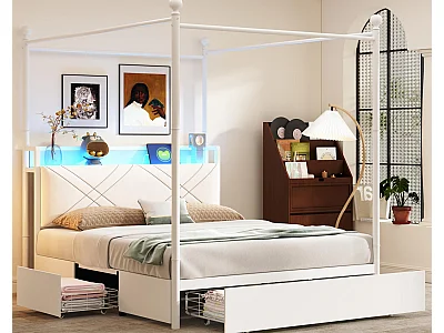 Cama de casal 140x190 cm - Iluminação LED + porta de carregamento USB/Type-C - 3 gavetas - Postes de cama removíveis - branco