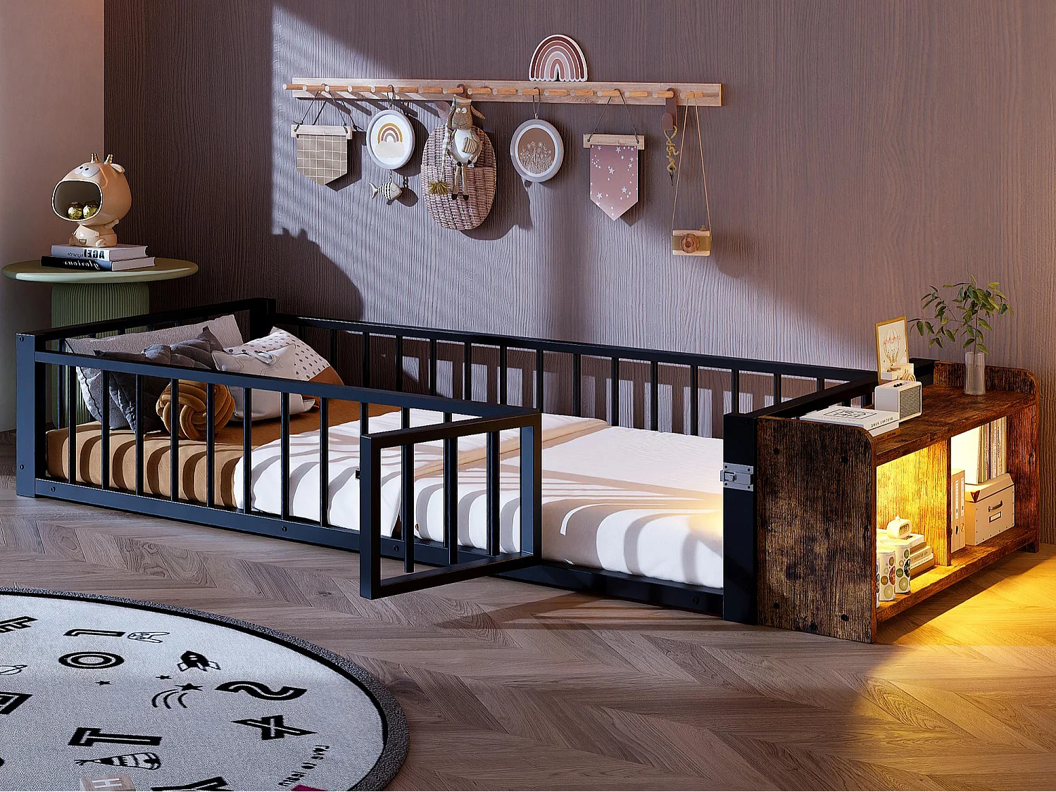 Lit enfant 90 x 200 cm - Cadre en métal - Avec barrières de sécurité - Noir (matelas non inclus)