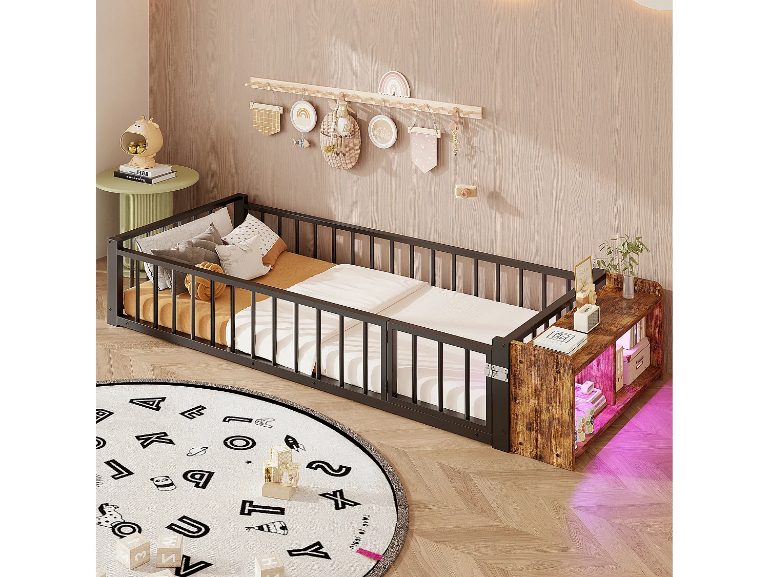 Lit enfant 90 x 200 cm - Cadre en métal - Avec barrières de sécurité - Noir (matelas non inclus)