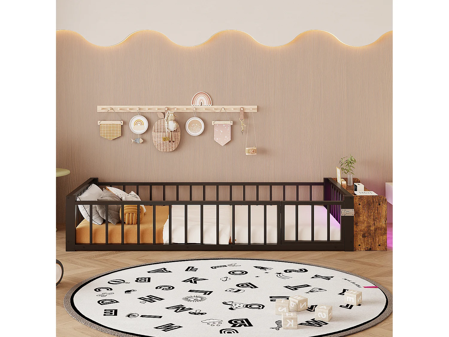 Lit enfant 90 x 200 cm - Cadre en métal - Avec barrières de sécurité - Noir (matelas non inclus)