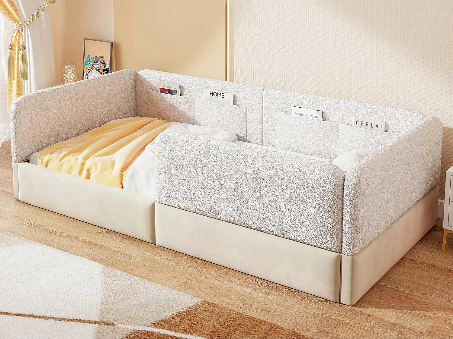 Lit simple capitonné 90x200 cm - avec barrières de sécurité - avec 4 poches de rangement - MDF + lin + PU - Blanc (sans matelas)