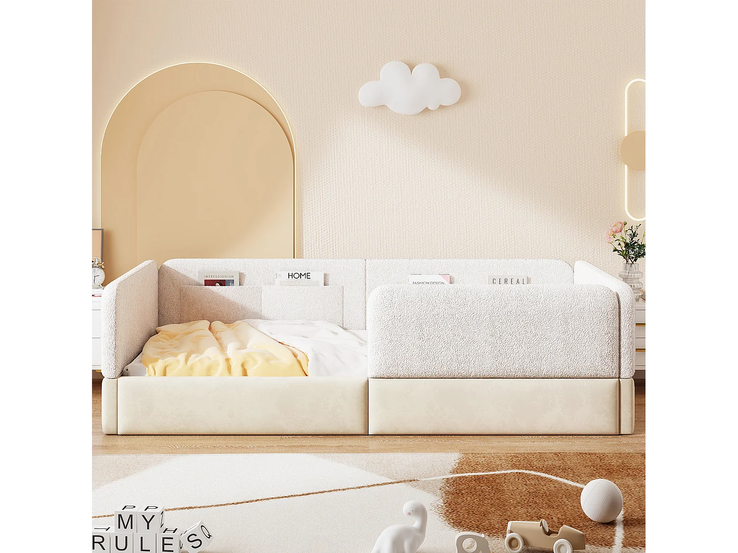 Lit simple capitonné 90x200 cm - avec barrières de sécurité - avec 4 poches de rangement - MDF + lin + PU - Blanc (sans matelas)