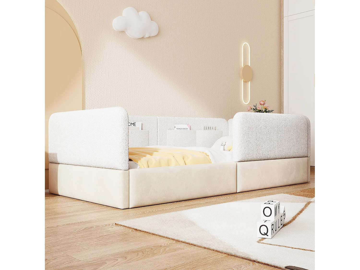 Lit simple capitonné 90x200 cm - avec barrières de sécurité - avec 4 poches de rangement - MDF + lin + PU - Blanc (sans matelas)