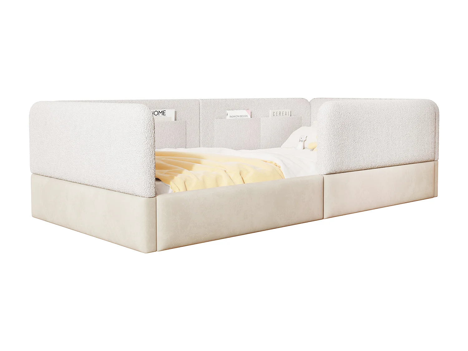 Lit simple capitonné 90x200 cm - avec barrières de sécurité - avec 4 poches de rangement - MDF + lin + PU - Blanc (sans matelas)