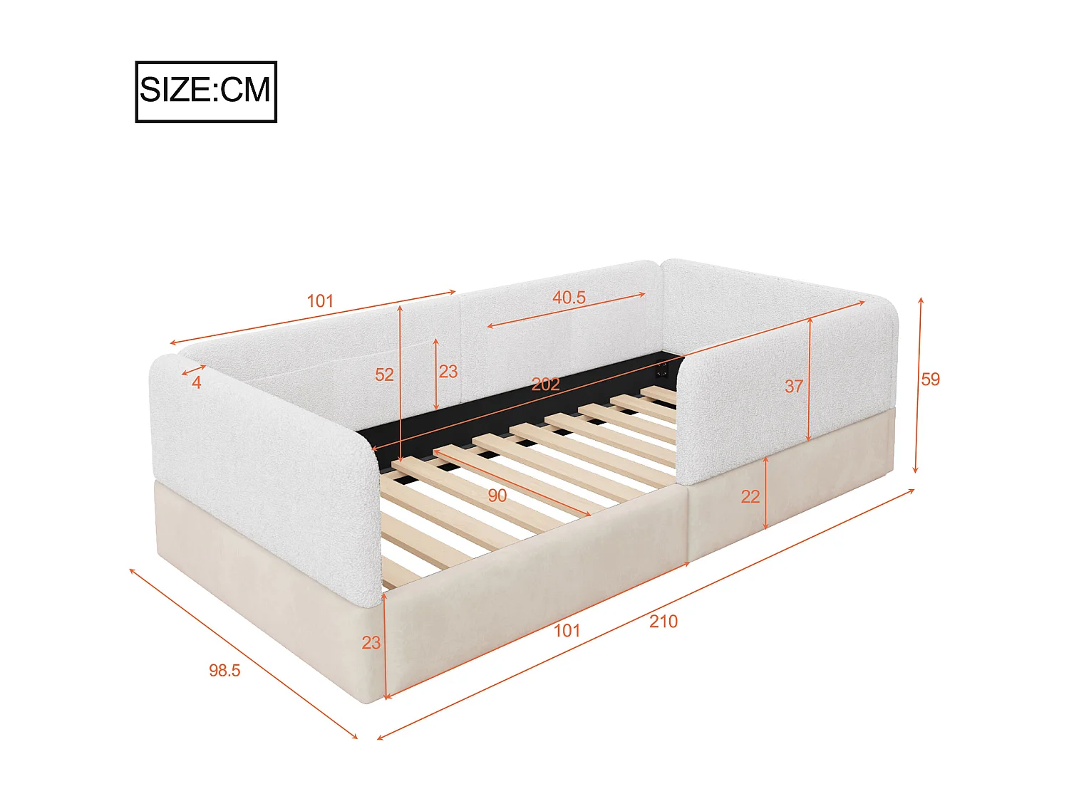 Lit simple capitonné 90x200 cm - avec barrières de sécurité - avec 4 poches de rangement - MDF + lin + PU - Blanc (sans matelas)