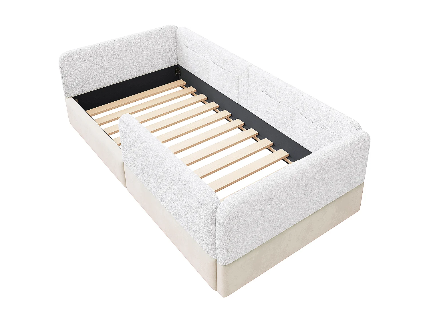 Lit simple capitonné 90x200 cm - avec barrières de sécurité - avec 4 poches de rangement - MDF + lin + PU - Blanc (sans matelas)