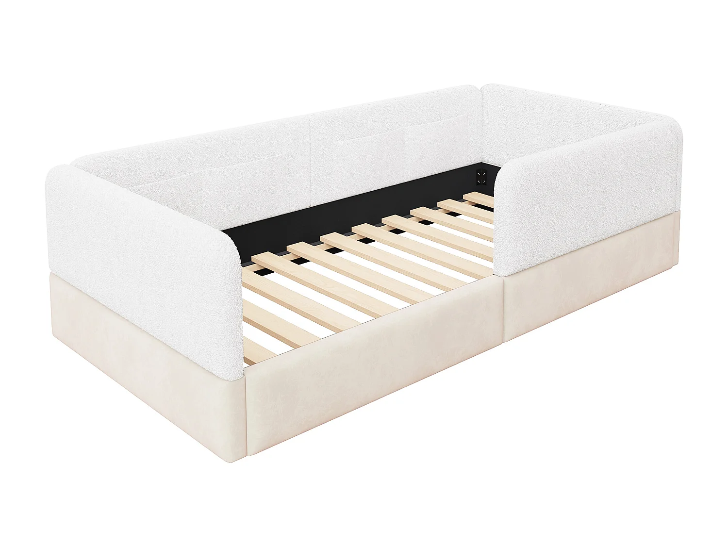 Lit simple capitonné 90x200 cm - avec barrières de sécurité - avec 4 poches de rangement - MDF + lin + PU - Blanc (sans matelas)