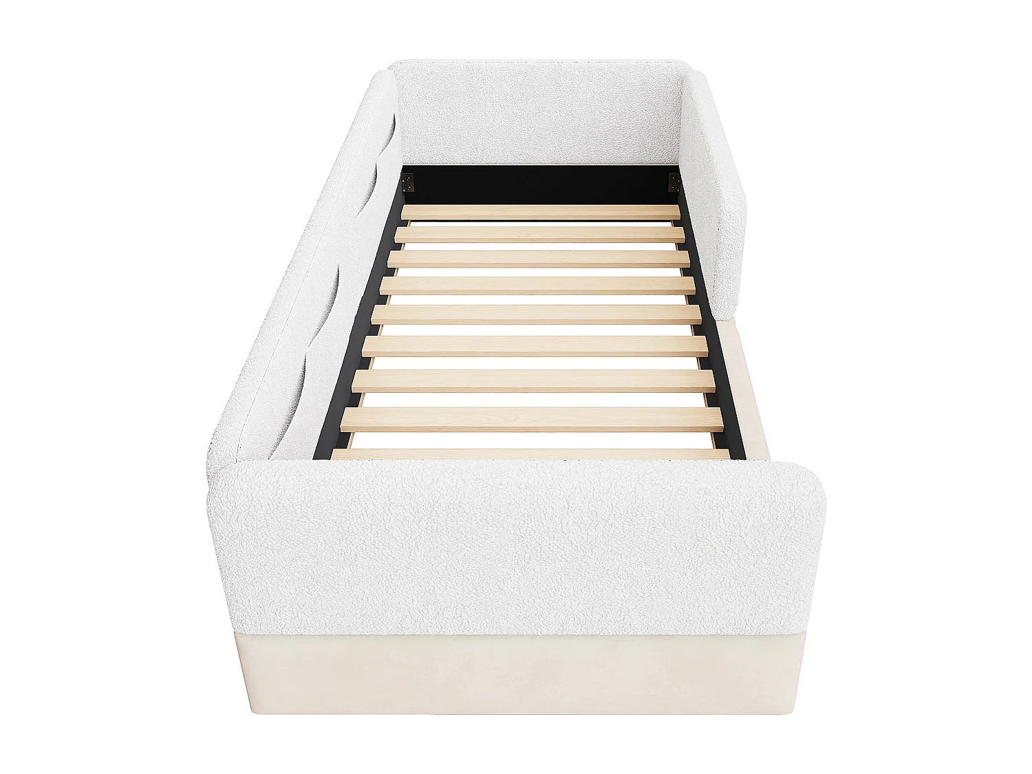 Lit simple capitonné 90x200 cm - avec barrières de sécurité - avec 4 poches de rangement - MDF + lin + PU - Blanc (sans matelas)