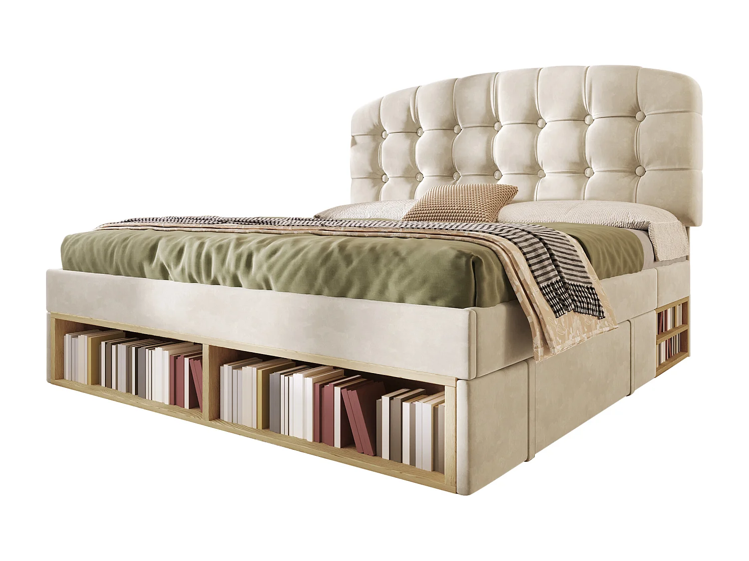 Lit double rembourré 140x190cm - tête de lit réglable - avec des tiroirs et un espace de rangement - velours - Beige (sans matelas)