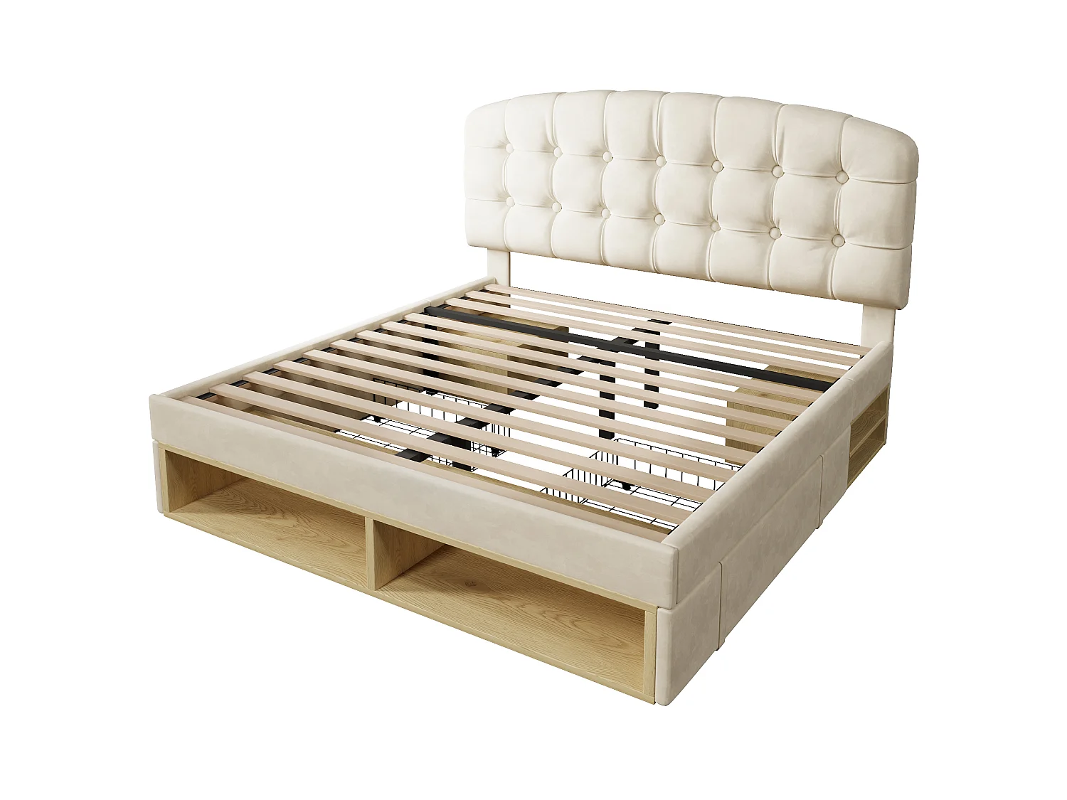 Letto singolo imbottito 140x190cm - testiera regolabile - con cassetti e uno spazio di riporre - velluto - Beige​ (senza materasso)