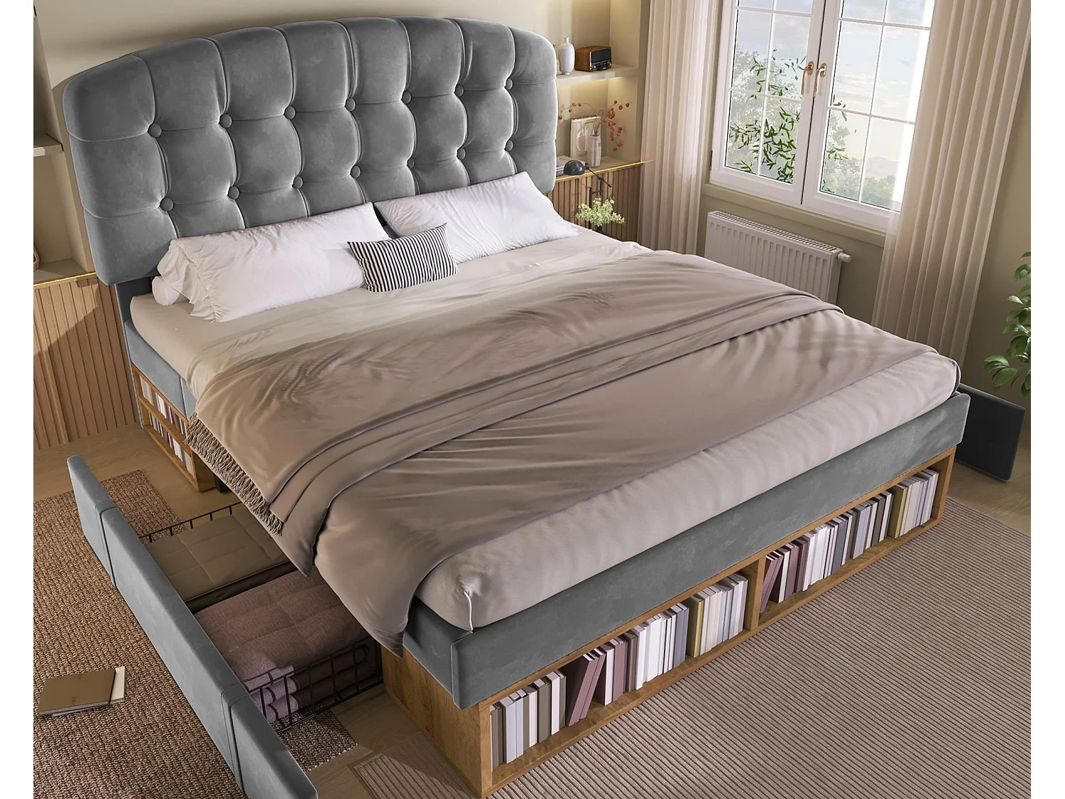 Gepolstertes Einzelbett 140x200cm - verstellbares Kopfteil - mit Schubladen und Stauraum - Samt - Grau​ (ohne Matratze)