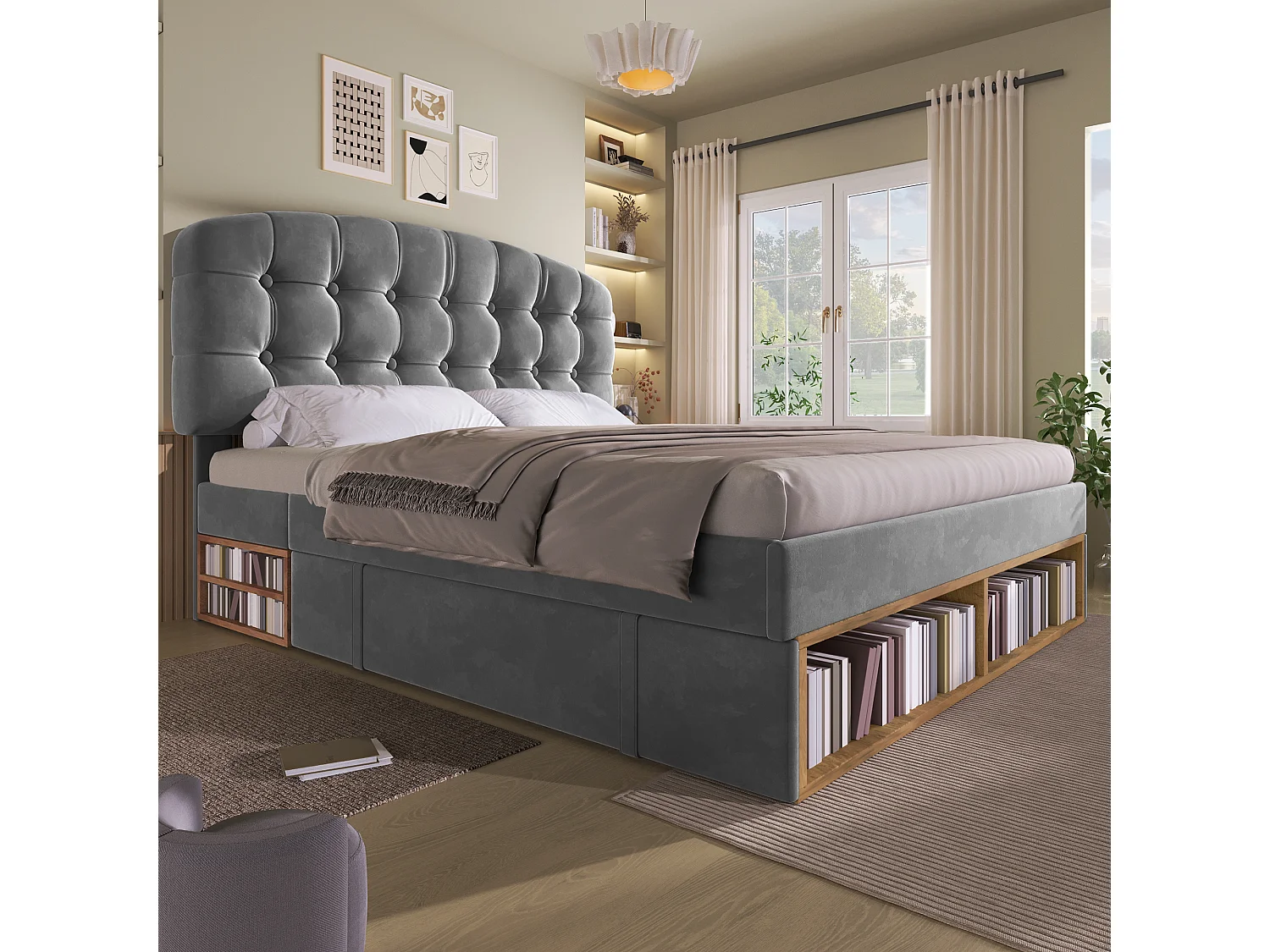 Lit double rembourré 140x200cm - tête de lit réglable - avec des tiroirs et un espace de rangement - velours - Gris (sans matelas)