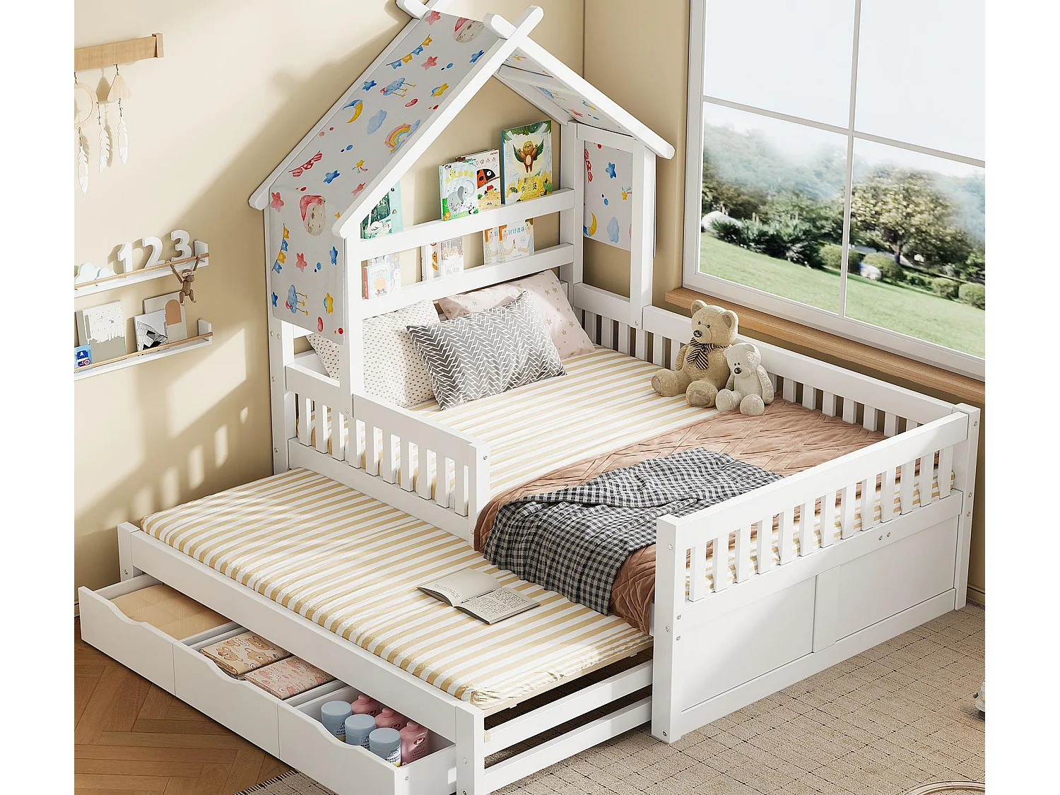 Haus-Bett aus Holz 140x200 cm - Mit herunterklappbarem Bettgestell und 3 Schubladen - Sicherheitsgitter - MDF+Kiefer - Weiß​ (ohne Matratze)
