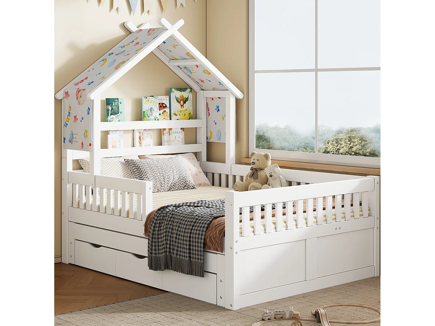 Haus-Bett aus Holz 140x200 cm - Mit herunterklappbarem Bettgestell und 3 Schubladen - Sicherheitsgitter - MDF+Kiefer - Weiß​ (ohne Matratze)