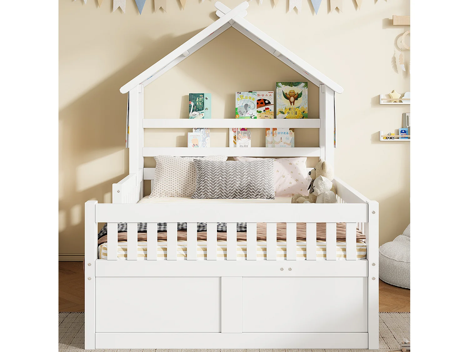 Haus-Bett aus Holz 140x200 cm - Mit herunterklappbarem Bettgestell und 3 Schubladen - Sicherheitsgitter - MDF+Kiefer - Weiß​ (ohne Matratze)
