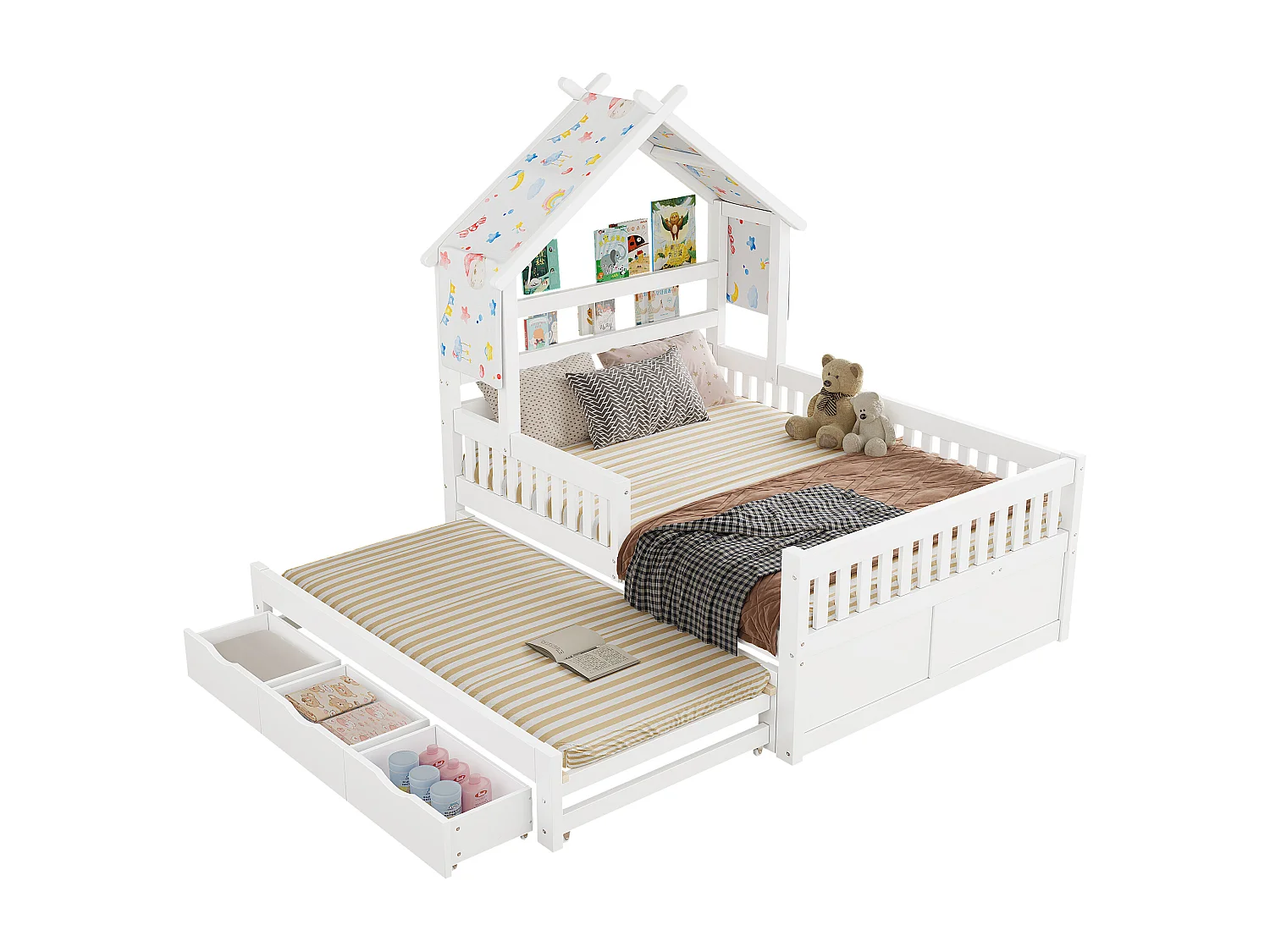 Haus-Bett aus Holz 140x200 cm - Mit herunterklappbarem Bettgestell und 3 Schubladen - Sicherheitsgitter - MDF+Kiefer - Weiß​ (ohne Matratze)