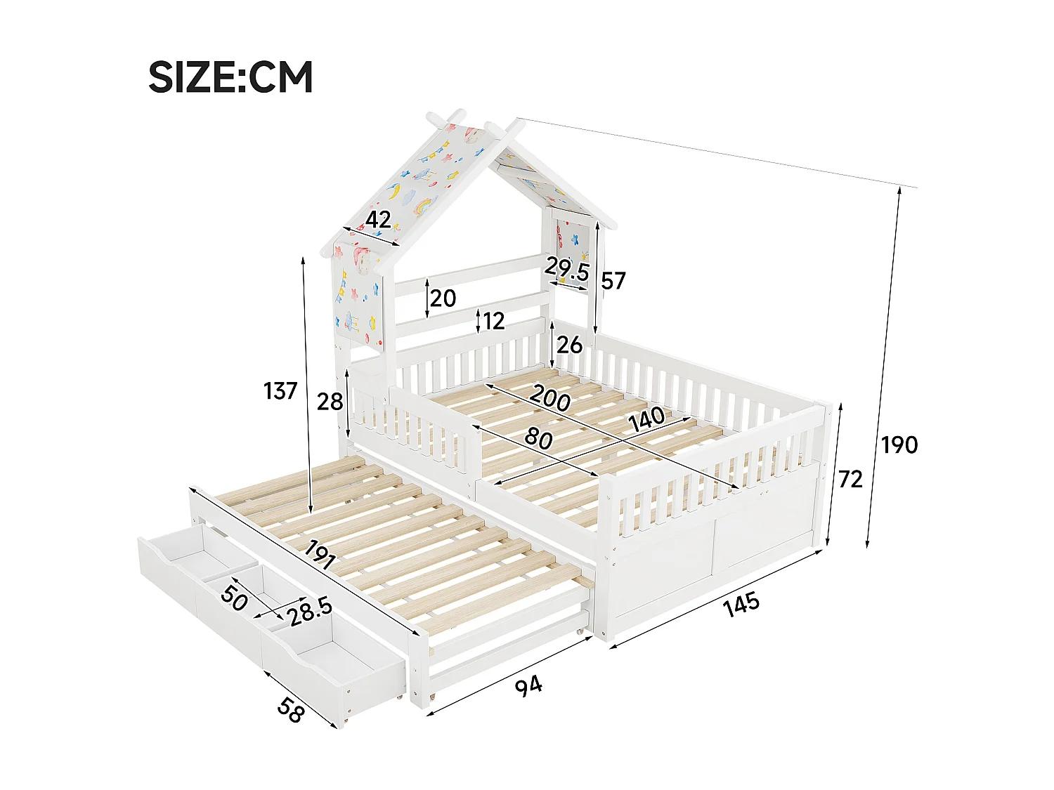 Haus-Bett aus Holz 140x200 cm - Mit herunterklappbarem Bettgestell und 3 Schubladen - Sicherheitsgitter - MDF+Kiefer - Weiß​ (ohne Matratze)