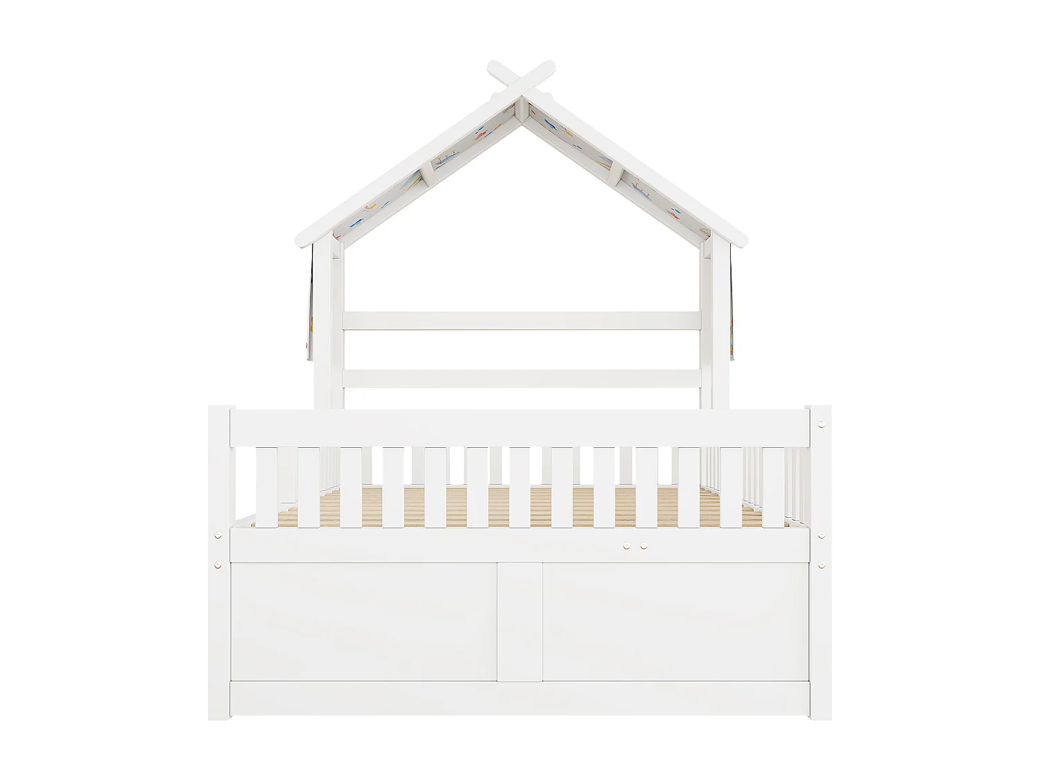 Haus-Bett aus Holz 140x200 cm - Mit herunterklappbarem Bettgestell und 3 Schubladen - Sicherheitsgitter - MDF+Kiefer - Weiß​ (ohne Matratze)